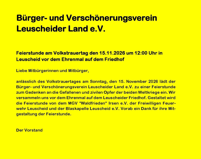 Anzeige Feierstunde am Volkstrauertag in Leuscheid in gelb
